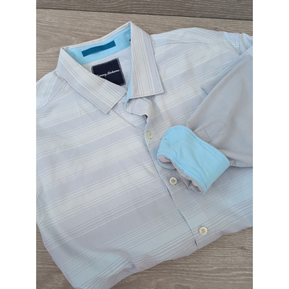 Tommy Bahama Shirt Mens L Blue Stripe Button Up Cotton Silk Blend‎ Contrast Cuff